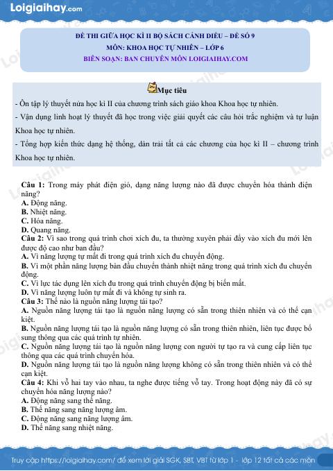Đề thi giữa học kì 2 KHTN 6 Cánh diều - Đề số 9